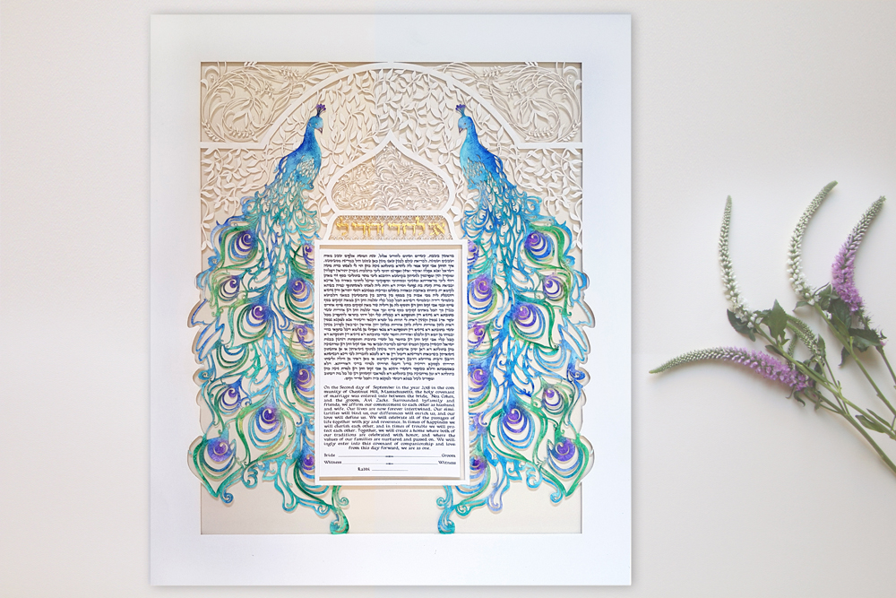 7. A beautifully framed Ketubah on a home wall, symbolizing its importance beyond the wedding day
