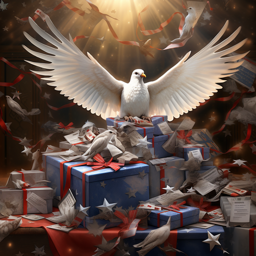 מתנה עטופה יפה מוקפת בסמלים של חופש, כמו דגלים וציפורי יונים.