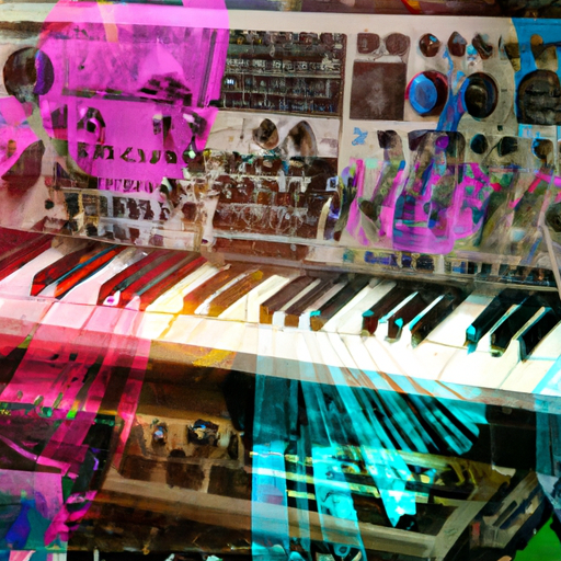 A vintage synthesizer overlaid with images of '80s synth-pop bands